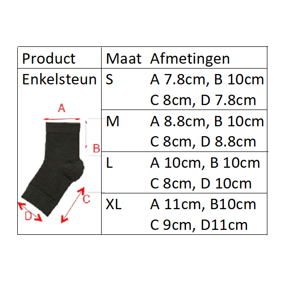 Fir Tech enkelsteun maattabel FIR-Tech enkelsteun