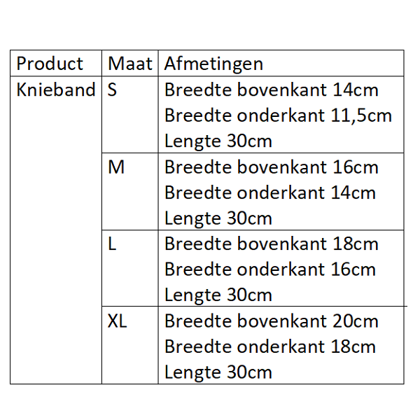Fir Tech knieband maattabel FIR-Tech knieband